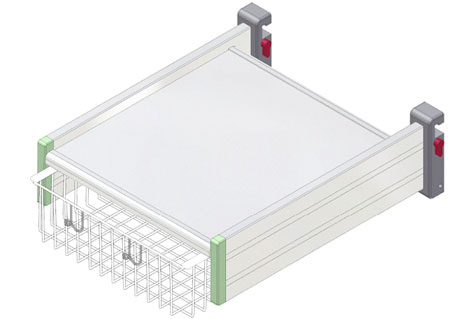 Konsole mit Korb für Geräteschiene 25 x 10 mm Monitortäger mit Korb und Befestigungsmöglichkeit für Rundrohr und Geräteschiene